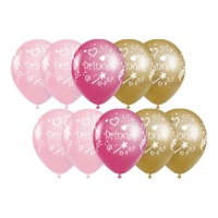 Ballons princesse rose, fuchsia et or 30 cm - 10 unités