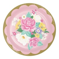 Assiettes florales avec bord doré 22 cm - 8 pcs.