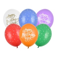 Ballons latex multicolores Happy Birthday avec étoiles 30 cm - PartyDeco - 6 unités