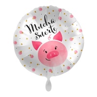 Ballon rond blanc Mucha suerte avec cochon 43 cm - Premioloon