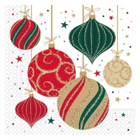 Serviettes de table blanches avec boules de Noël 16,5 x 16,5 cm - 20 pcs.