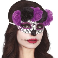 Masque Catrina avec fleurs noires et lilas