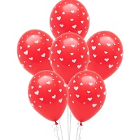 Ballons en latex rouges à coeurs blancs 30 cm - Lot de 6