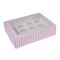 Boîte de 12 cupcakes rayés roses et blancs - 34 x 25,5 x 9 cm - Maison de Marie - 2 unités