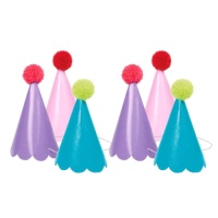 Chapeaux de fête couleurs assorties avec paillettes et pompons - 6 pcs.