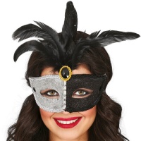 Masque vénitien argenté et noir avec plumes