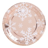 Assiettes métalliques or rose avec flocons de neige 18 cm - 8 pièces