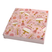 Serviettes de table Pink Happy Birthday avec cadeaux 16,5 x 16,5 cm - 20 pcs.