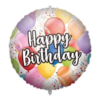 Ballon Happy Birthday avec ballons colorés et confettis 46 cm