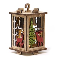 Lanterne de Noël en bois avec des rennes et des arbres avec lumière LED 15 cm