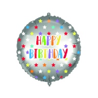 Ballon rond Happy Birthday avec étoiles multicolores 46 cm - Procos