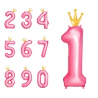 Ballon numéro rose avec couronne dorée 110 cm - 1 unité