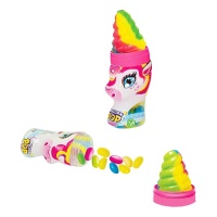 Licorne sucrée avec corne de bonbon remplie de dragées parfumées tutti frutti de 50 grammes