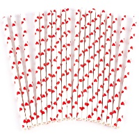 Pailles en papier blanches avec des coeurs rouges - 20 unités