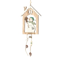 Pendentif maison bonhomme de neige en bois 14 x 18 cm