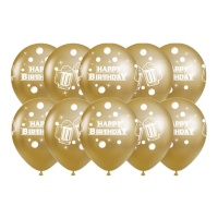 Ballons d'or Happy Birthday avec bière 30 cm - 10 pcs.