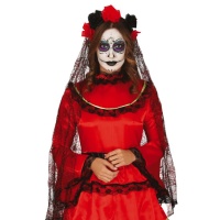 Bandeau avec voile de fleurs de Catrina rouges et noires