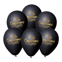 Ballons en latex noir biodégradable avec Happy Birthday doré 23 cm - Eurofiestas - 6 unités