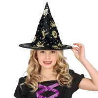 Chapeau de sorcière noir avec impression dorée pour enfants - 38 cm