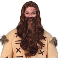 Perruque brune avec barbe et tresses viking
