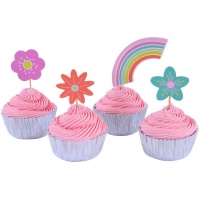 Capsules à cupcakes avec arc-en-ciel et pics à fleurs - 24 pcs.