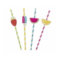 Pailles en papier rayé avec fruits - 8 pcs.