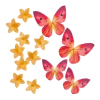 Mini gaufrettes fleurs et papillons orange et rouge - 13 unités