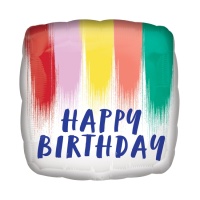 Ballon carré 43 cm Happy Birthday avec pinceaux - Anagramme