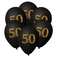 Ballons en latex noir avec numéro 50 doré 23 cm - 6 unités