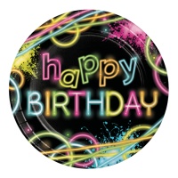 Happy Birthday Neon Disco Plates 22 cm - 8 pcs.