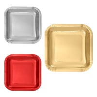 Assiettes carrées en carton de 18 cm de côté aux couleurs métalliques - 12 pièces.