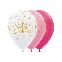 Ballon en latex satiné blanc, rose et fuchsia avec couronne 30 cm - Sempertex - 12 unités