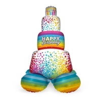 Ballon gâteau Happy Birthday arc-en-ciel avec base 72 cm - Folat