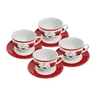 Tasses de 220 ml de Noël à motif de poinsettia avec soucoupes - 4 unités