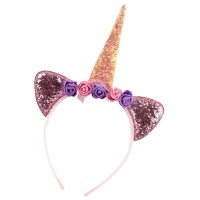 Bandeau licorne rose avec oreilles et fleurs