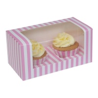 Boîte pour 2 cupcakes rayés rose et blanc 18,5 x 9,5 x 9 cm - Maison de Marie - 2 unités