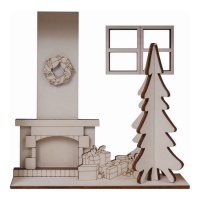 Figurine en bois représentant une scène de Noël avec cheminée, sapin et cadeaux 24 x 24 cm - Artis decor