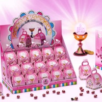 Boîtes de communion roses avec amandes enrobées de chocolat de 35 gr - Tukan - 15 unités