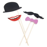 Kit photocall noeud papillon et chapeau melon rose à pois - 4 pcs.