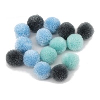 Pompons de couleur bleu, gris et vert 3 cm - 15 pcs.