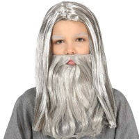Perruque longue avec moustache et barbe grise d'enfant