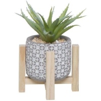 Plante artificielle cactus avec bordure blanche jardinière avec base en bois 11,5 x 21 cm