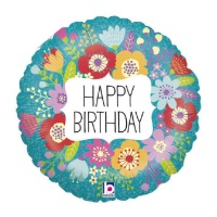 Ballon rond à fleurs Happy Birthday 46 cm - Grabo