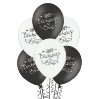 Ballons latex noir et blanc pastel Happy Birthday 30 cm - PartyDeco - 50 unités