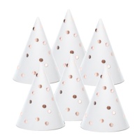 Chapeaux de fête blancs à pois roses dorés - 6 pcs.