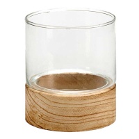 Bougeoir en verre avec base en bois 10 x 11 cm - Giftdecor