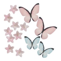 Mini gaufrettes fleurs et papillons roses et bleus - 13 pcs.