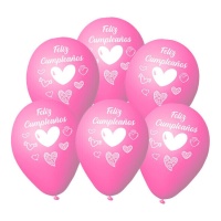 Ballons en latex rose avec coeurs Joyeux anniversaire 23 cm - 6 unités