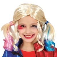 Perruque blonde avec nattes roses et bleues pour Harley supervillain pour enfants