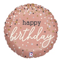 Ballon rond rose avec confettis Happy Birthday 35 cm - Grabo